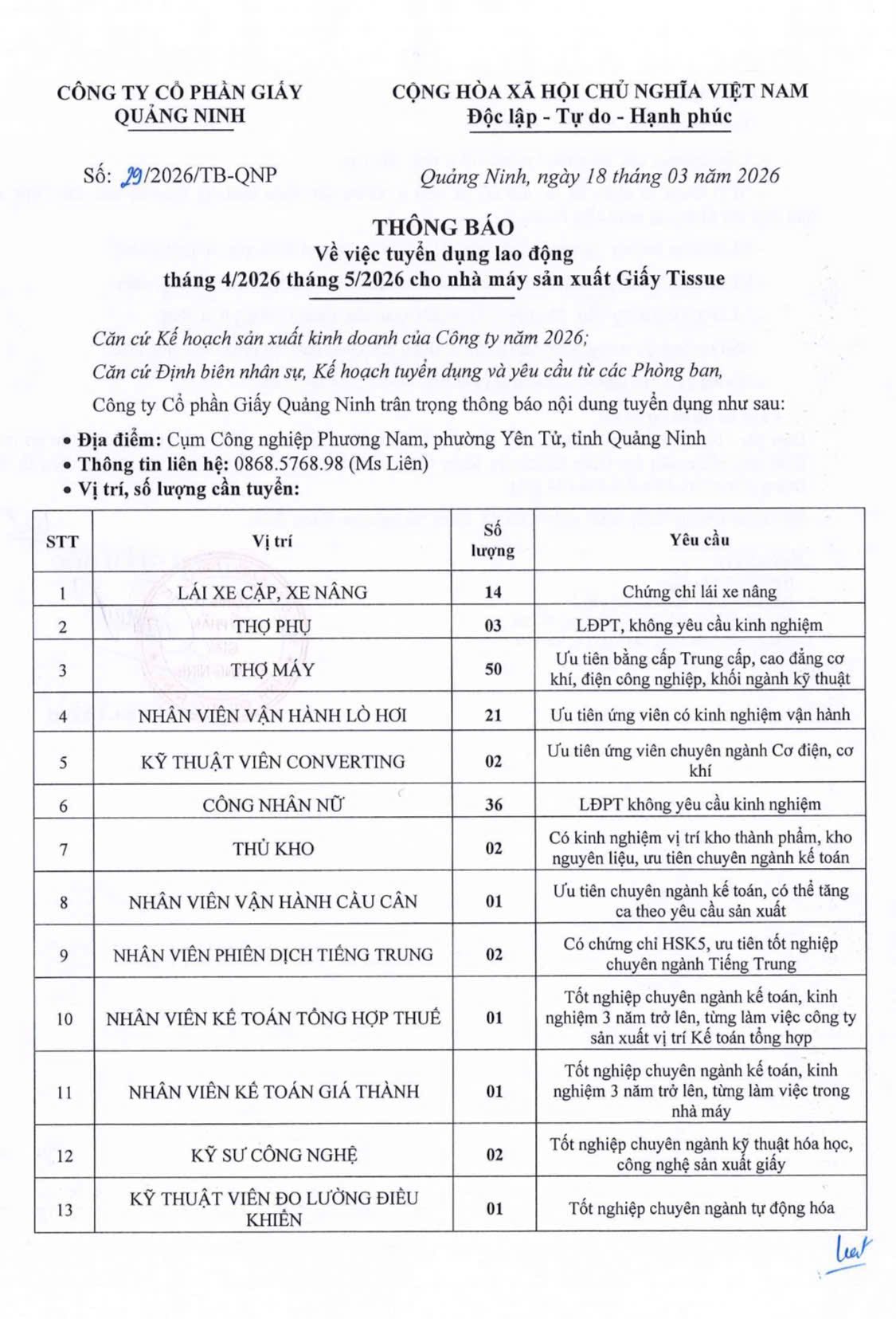 THÔNG BÁO TUYỂN DỤNG LAO ĐỘNG