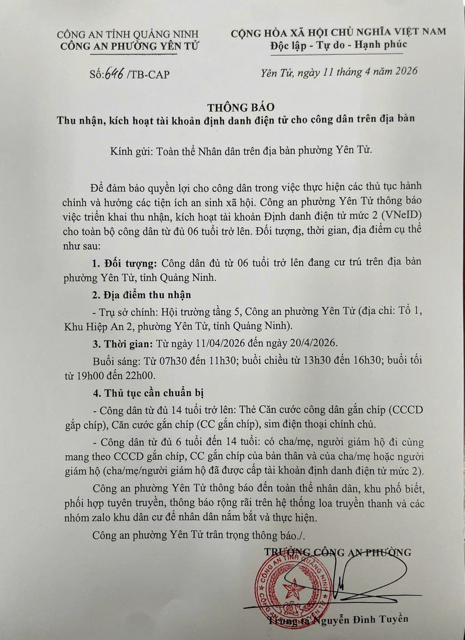 Thông báo Thu nhận, kích hoạt tài khoản định danh điện tử cho công dân trên địa bàn