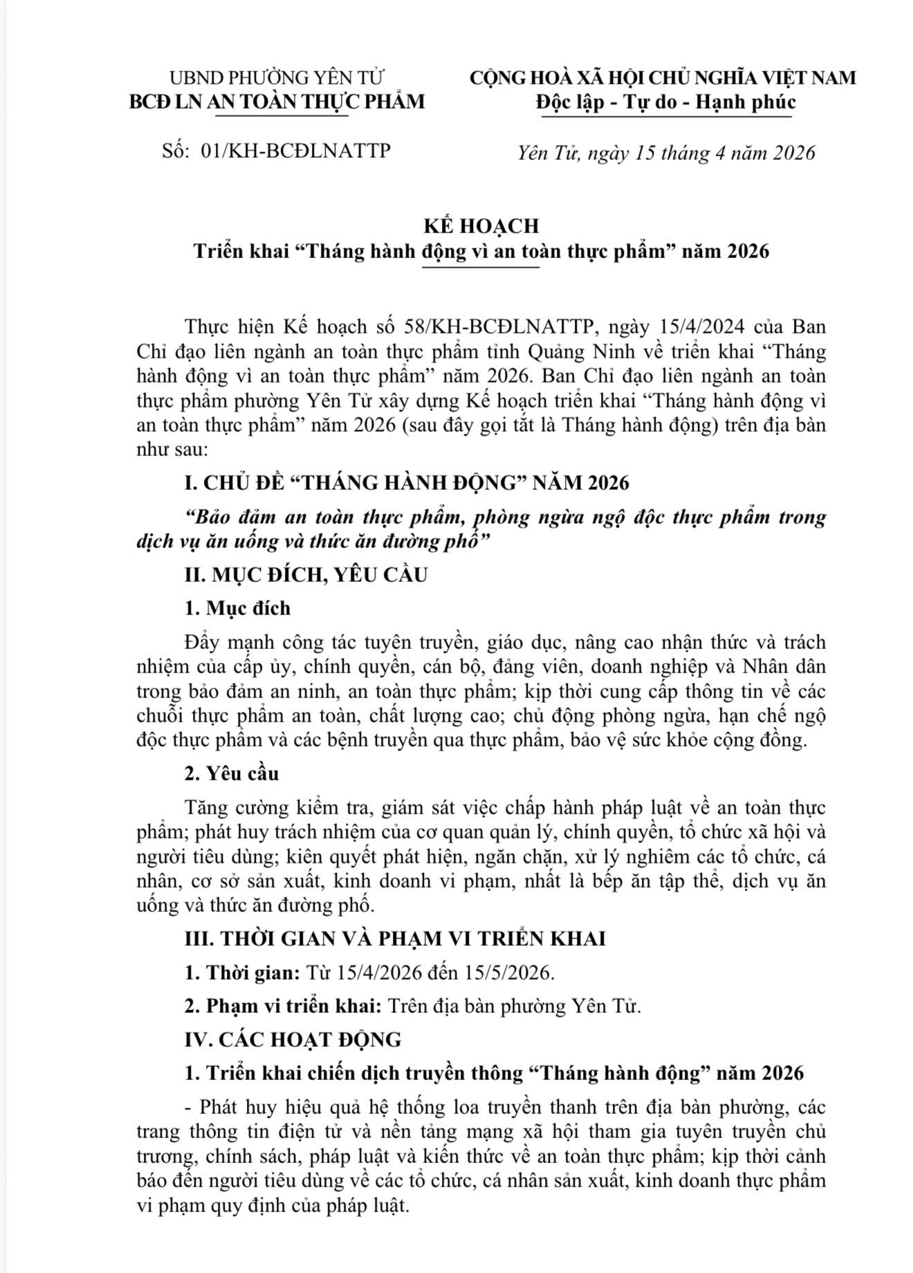 Kế hoạch triển khai "Tháng hành động vì an toàn thực phẩm" năm 2026