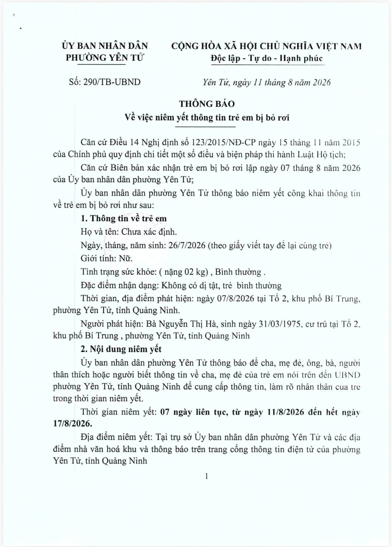 THÔNG BÁO NIÊM YẾT THÔNG TIN TRẺ EM BỊ BỎ RƠI